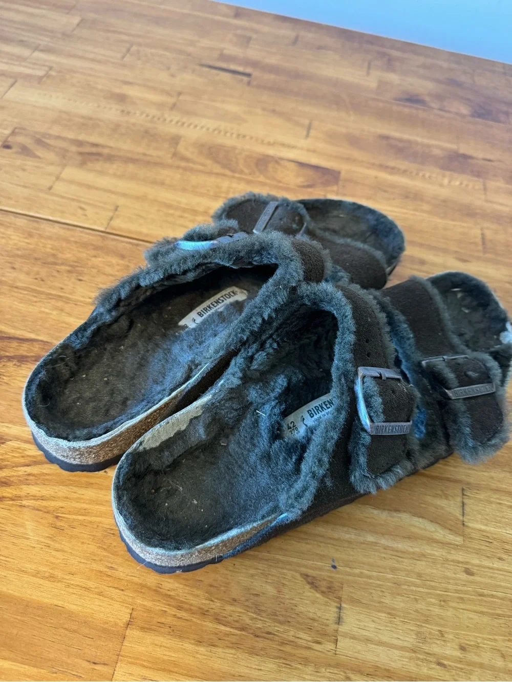 Birkenstock Arizona Shearling Slide Sandals Suede Leather Dark Brown Size 42